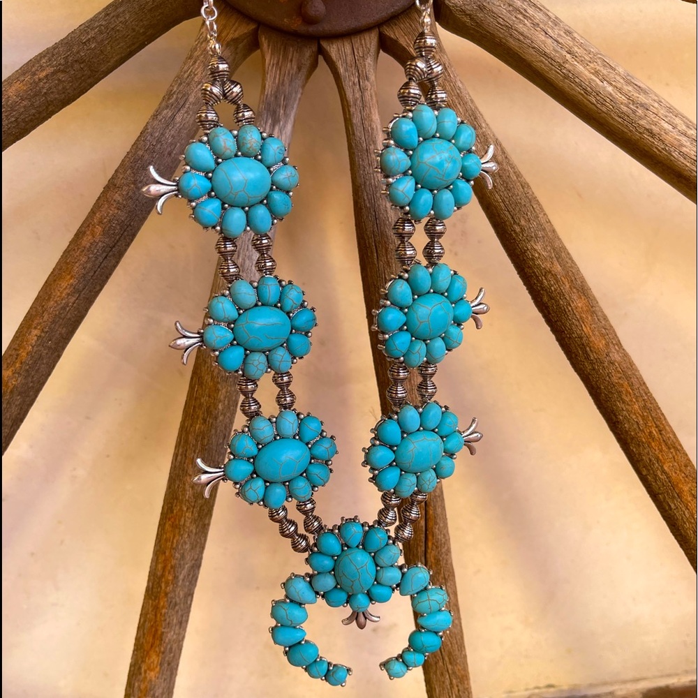 SQUASH BLOSSOM SET Native American Silver Nickel Turquoise Necklace Earrings NEW